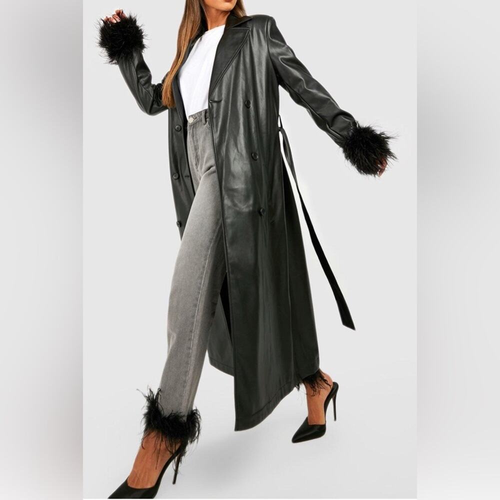 NWT- Boohoo -Feather Cuffed Vegan Leather Long Belted Coat- Sz 6